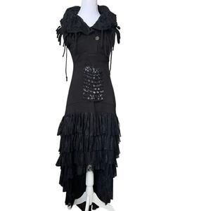 Miss Be Black Gothic Corset Lace Ruffle Maxi Dress Victorian Goth Emo Witchy